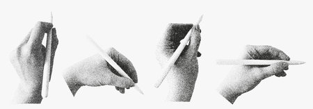 Hands with pen set stipple grain effect. Gesture dots halftone design vectorのイラスト素材