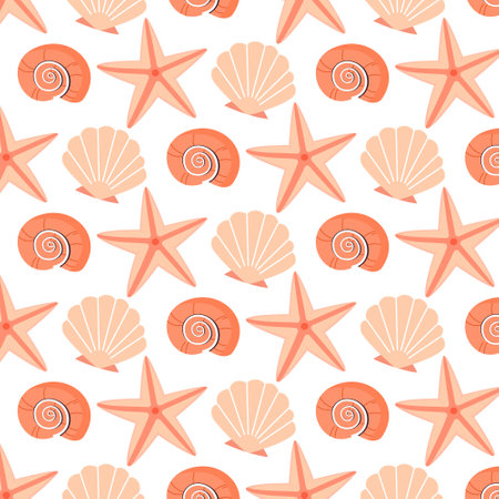 Seamless pattern with seashells and starfish. Vector illustration.のイラスト素材