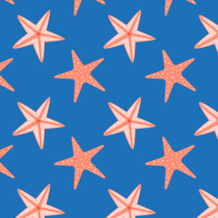 Seamless pattern with starfish on blue background. Vector illustration.のイラスト素材