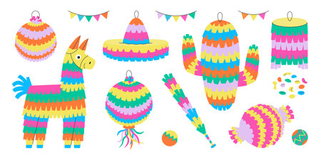 Pinata with sweets, Mexican holiday toys setのイラスト素材