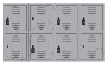 Weathered Gray Metal Lockers with Combination Locksのイラスト素材