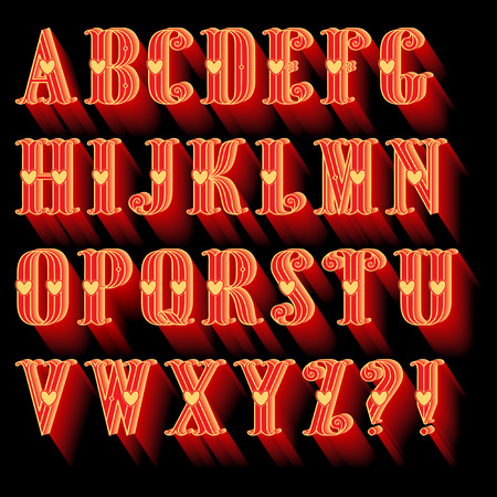 Love story vector font in retro style. Decorative red alphabet with gold hearts and red shadow on a black background. Luxury Elegant Happy Valentine Day festive layout template design.のイラスト素材