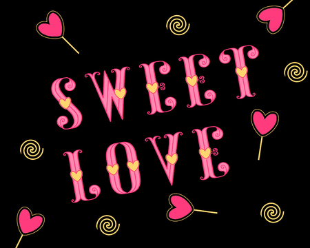 Sweet love stylish love card with pink hearts on a black. Valentines Day wedding love greeting card with sweet love inscription and candy heartsl on a black background. Luxury Elegant Happy Valentines Day and wedding festive layout template design.のイラスト素材