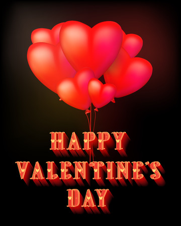 Happy Valentines day stylish love card with red heart balloons on a black background. Luxury Elegant Happy Valentines Day and wedding festive layout template design.のイラスト素材