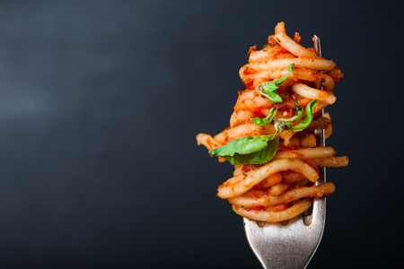 Italian spaghetti with a bolognese tomato meat sauce and basil in a plate. Copy space. Italian food concept.の写真素材