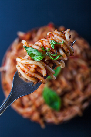 Italian spaghetti with a bolognese tomato meat sauce and basil in a plate. Copy space. Italian food concept.の写真素材