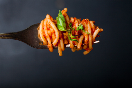 Italian spaghetti with a bolognese tomato meat sauce and basil in a plate. Copy space. Italian food concept.の写真素材