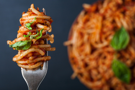 Italian spaghetti with a bolognese tomato meat sauce and basil in a plate. Copy space. Italian food concept.の写真素材