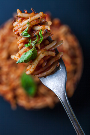 Italian spaghetti with a bolognese tomato meat sauce and basil in a plate. Copy space. Italian food concept.の写真素材