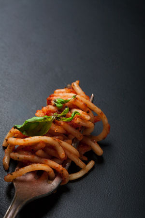Italian spaghetti with a bolognese tomato meat sauce and basil in a plate. Copy space. Italian food concept.の写真素材