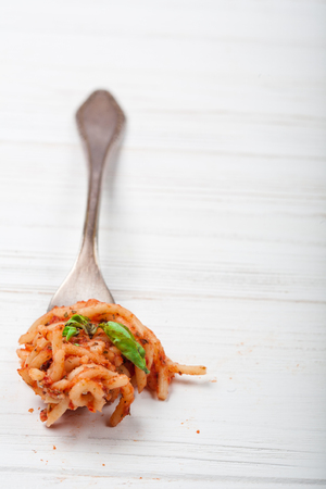 Italian spaghetti with a bolognese tomato meat sauce and basil. Copy space. Italian food concept.の写真素材