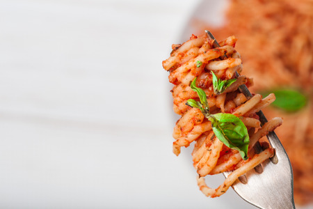 Italian spaghetti with a bolognese tomato meat sauce and basil in a plate. Copy space. Italian food concept.の写真素材