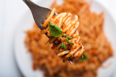 Italian spaghetti with a bolognese tomato meat sauce and basil in a plate. Copy space. Italian food concept.の写真素材