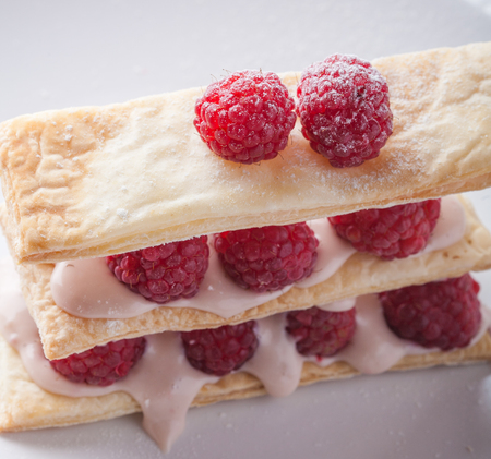 Raspberry mille feuille dessert on white backgroundの写真素材