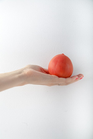 Woman hand holding red tomato on white background. Copy spaceの写真素材