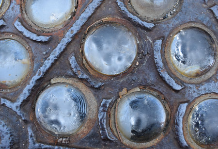 Rusty metal plate with rivets, close-up of photoの写真素材