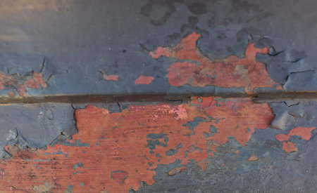 rusty metal plate with peeling paint, closeup of photo