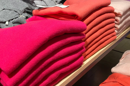 Folded red and pink clothes on a shelf in a store.