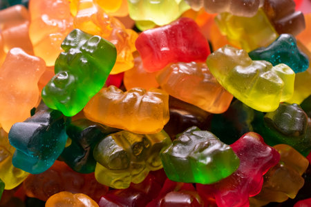 Assorted colorful gummy bear candies. Top view. Jelly sweets background.の写真素材