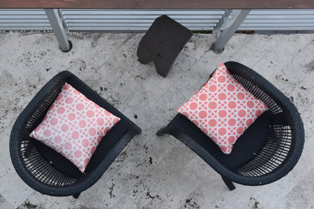 Pillows and chairs in the garden. View from above.の写真素材