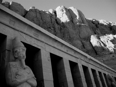 Monochrome image of the Mortuary Temple of Hatshepsut in Luxor, Egypt