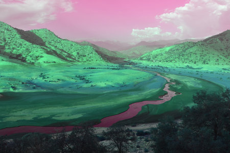 Landscape with river, mountains and sky. Digital painting effect.