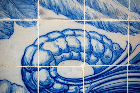 Closeup detail of blue and white azulejos ceramic tiles