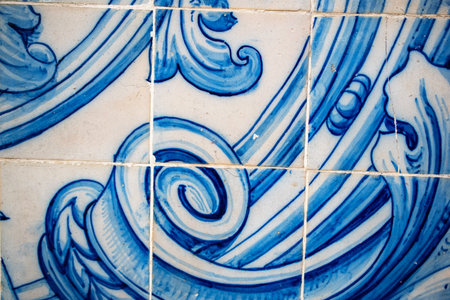 Closeup detail of blue and white ceramic tile wall, Lisbon, Portugal