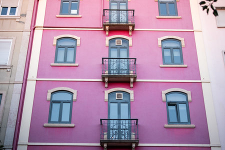 Facade of a building with balconies in Lisbon, Portugal.の写真素材