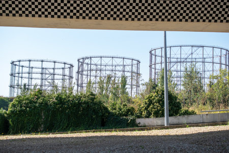 Abandoned oil and gas storage tanks in the countryside of Barcelona, Spainの写真素材