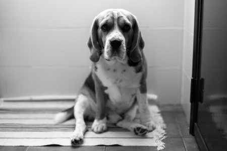 Beagle dog sitting on the floor. Black and white photo.の写真素材