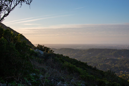 View of the mountains from the top of the mountain at sunset.の写真素材