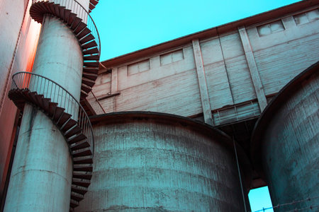 industrial silos with stairs and blue sky, closeup of photoの写真素材