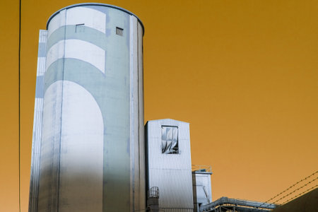 Industrial silos against the evening sky, closeup of photoの写真素材