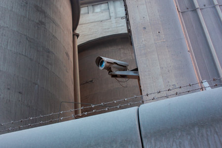 CCTV camera installed on the roof of a building in the cityの写真素材