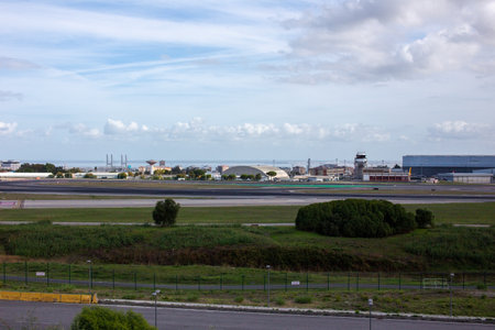 View of the airport from the runway of the airport in Lisbonのeditorial素材