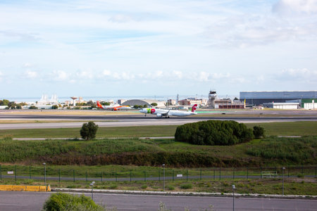 Aircrafts at the airport in Lisbonのeditorial素材