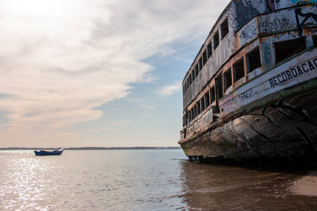Wreck of an old ship on the Mekong river in Vietnamのeditorial素材