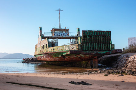 Old shipwreck on the beach in Nha Trang, Vietnamのeditorial素材