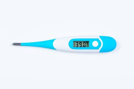 Blue medical thermometer displaying 39 °の写真素材
