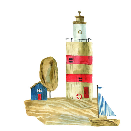 Watercolor lighthouses for your design. Hand painted illustrationの写真素材