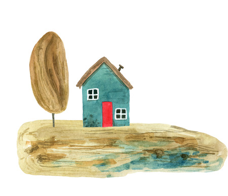 Set of the cute cartoon watercolor houses by the sea and trees, hand painted on a white background.の写真素材