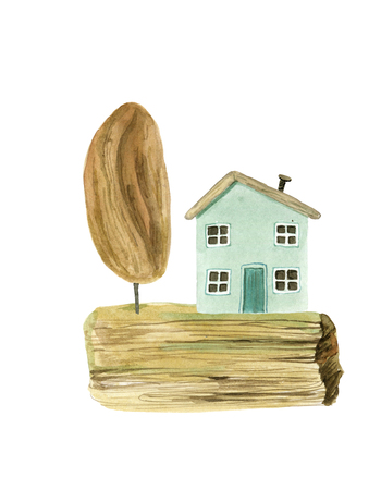 Set of the cute cartoon watercolor houses by the sea and trees, hand painted on a white background.の写真素材