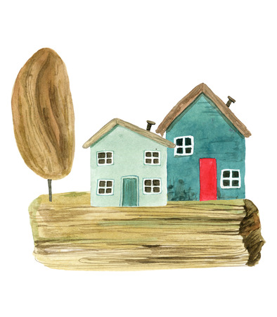 Set of the cute cartoon watercolor houses by the sea and trees, hand painted on a white background.の写真素材