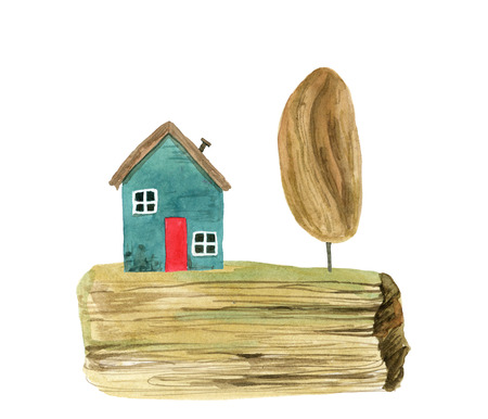 Set of the cute cartoon watercolor houses by the sea and trees, hand painted on a white background.の写真素材