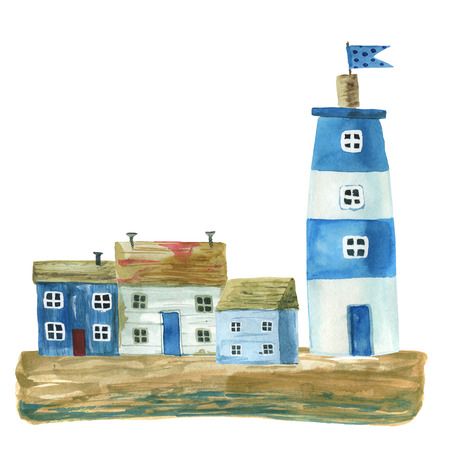 Set of the cute cartoon watercolor houses by the sea and trees, hand painted on a white background.の写真素材