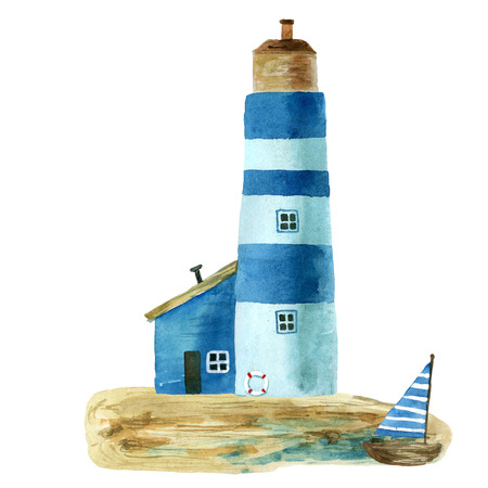 Set of the cute cartoon watercolor houses by the sea and trees, hand painted on a white background.の写真素材