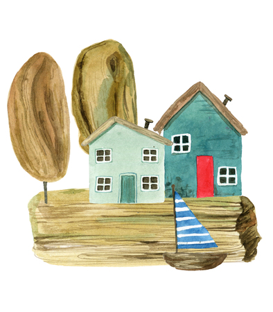 Set of the cute cartoon watercolor houses by the sea and trees, hand painted on a white background.の写真素材