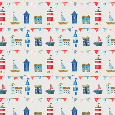 Seamless pattern with nautical theme, cute houses, lighthouses and boats for your design. For fabric, scrapbooking, wrapping paper and more.の写真素材