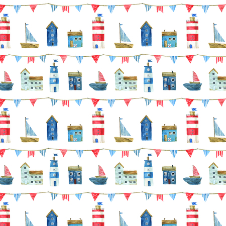 Seamless pattern with nautical theme, cute houses, lighthouses and boats for your design. For fabric, scrapbooking, wrapping paper and more.の写真素材